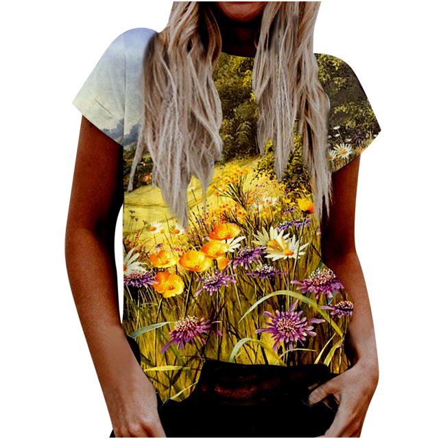 Blusa superior de camiseta de manga corta con estampado digital de cuello redondo casual de moda para mujer Pompotops hkajfhjk469855