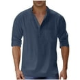 thumbnail image 3 of DODADAWANJ Cotton Linen Shirts for Men Big and Tall Roll Up Long Sleeve Shirt Casual Button Up Collared Neck Shirts Loose Fit Solid Color Tops Dark Blue XXL, 3 of 7