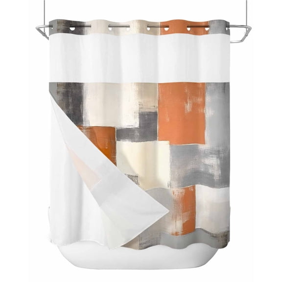 No Hook Shower Curtain with Snap-in Liner, Burnt Orange Grey Waterproof Fabric Bathroom Curtains, Oil Painting Modern Abstract Art Bath Curtains & Mesh Top Window Standard 72''x72''