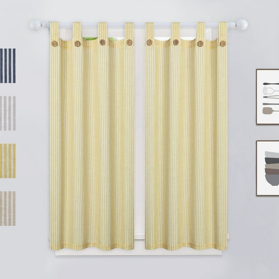 ZACOO Linen Striped Tier Cafe Curtains with Solid Button Light Filtering Small Curtains for Living Room Bathroom Kitchen, Yellow, 2 Panels, 27"W x 45"L