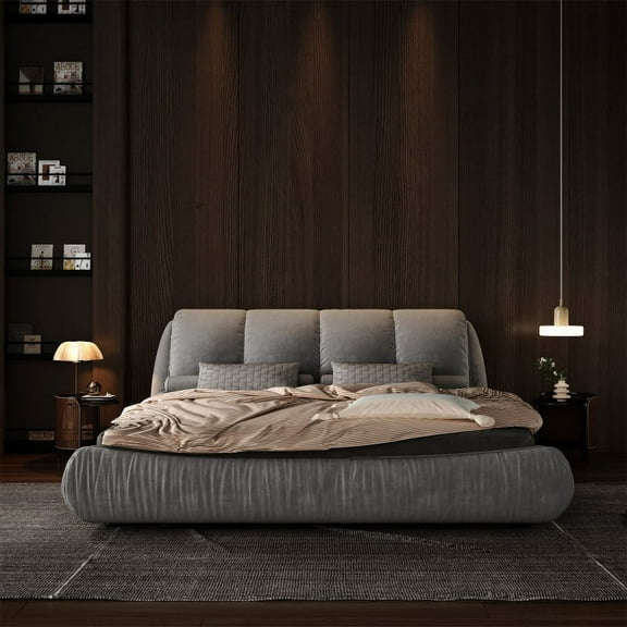 Queen Size Luxury Upholstered Platform Bed with Oversized Padded Backrest and Solid Wood Frame,suitable for Multiple heights of mattresses,Grey
