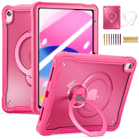 Allytechgroup iPad A16 Case 11th Gen 11" 2025, iPad 10th Gen Case 10.9" 2022, PC TPU Rugged Rotating Kickstand Shockproof Transparent Back Cover with Shoulder Strap for iPad 11th 10th Gen, Rose