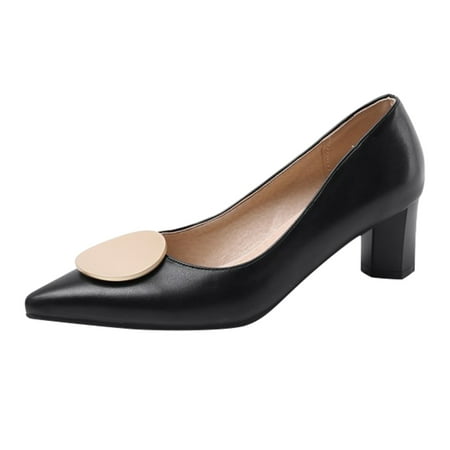 

SEMIMAY Women s Simple And Stylish Solid Color Spring And Summer Plain Simple Thick Heel Pointed Single Shoes Low Top Shoes Black