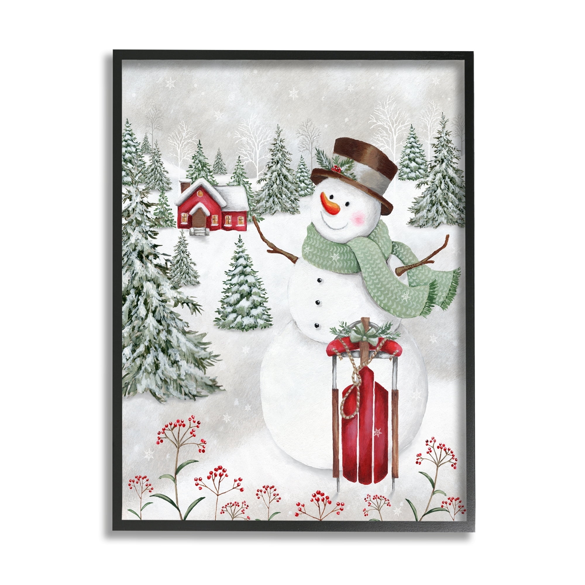 Cheerful Snowman Red Sleigh Sled Holly Botanicals Landscape Painting Framed Art Print Wall Art