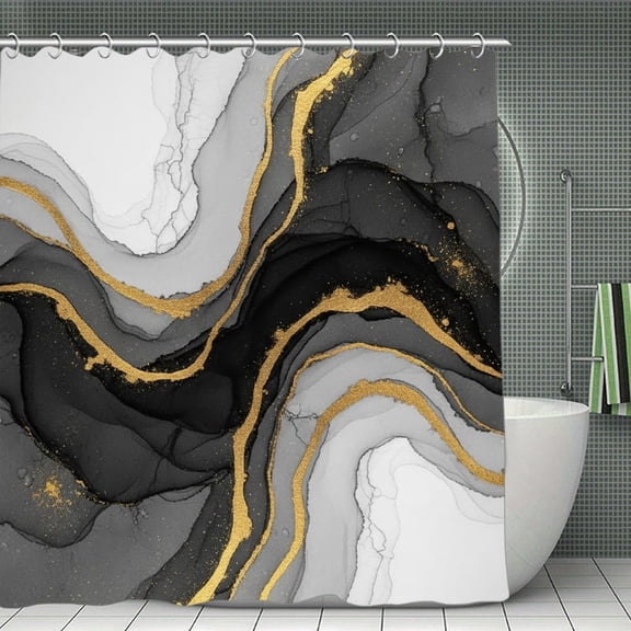 Abstract Black Gold Marble Print Shower Curtain,Modern Fabric Waterproof Shower Curtain Set with Hooks 70.8×70.8Inch (180×180cm)