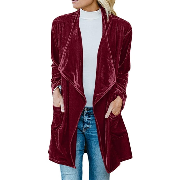 BLVB Women's Solid Color Long Sleeve Velvet Jacket Open Front Cardigan Coat with Pockets Outerwear 2024 Fall Fashion Red