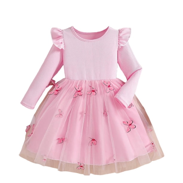 Vestido de cuello redondo y manga larga para niñas Vestido de cuello redondo y manga larga para niñas Falda de malla elegante Vestido de princesa elegante para niñas pequeñas Vestido de poliéster para