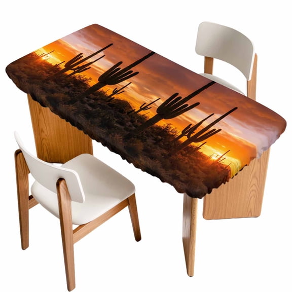 Western Cactus Sunset Table Cloths for 4 Foot Rectangle Tables, Modern Abstract Art Retro Patio Waterproof Elastic Fitted Tablecloths, Washable Rectangular Table Cover for Camping