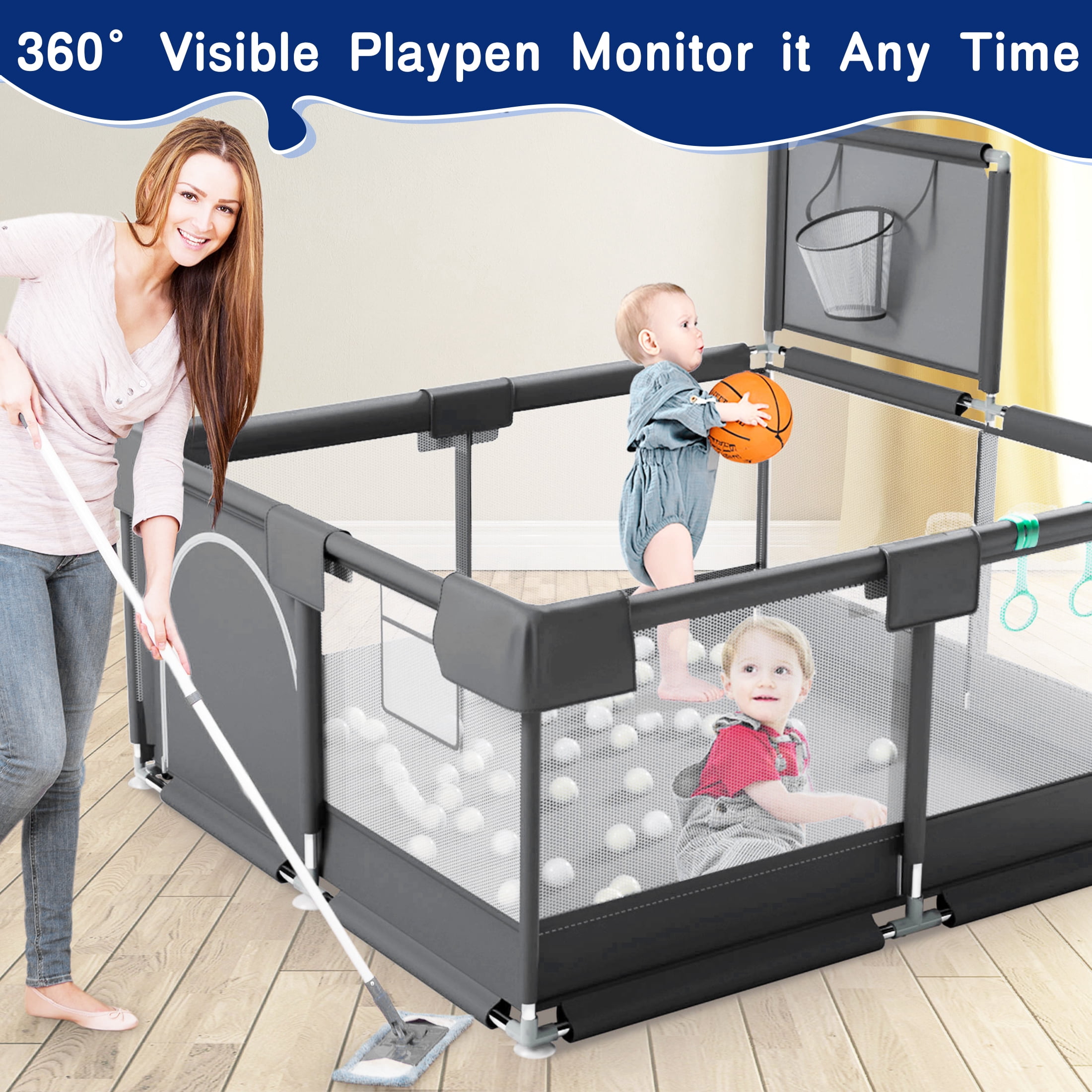 HioHa Baby Playpen, Baby Playard with Basketball Hoop, Portable Play Yard Baby Fences for Infant Toddler