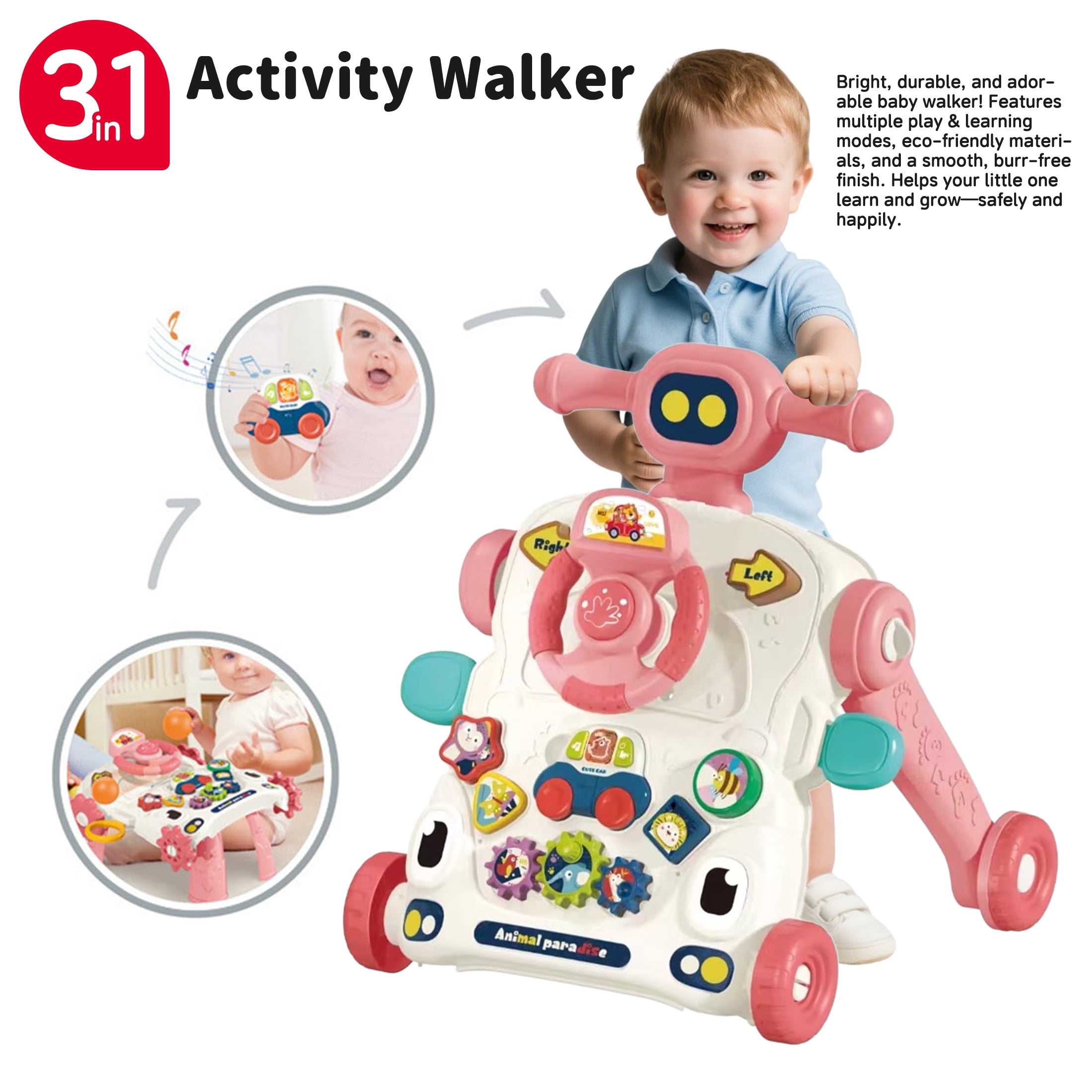 KOPPOP Baby Walker, 3-in-1 Activity Center and Learning Walker Sit-to-Stand Toy with Music & Lights, Foldable Push Toy for Infant Toddler 9+ Months, Pink