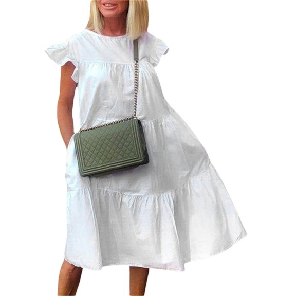 Komoo Babydoll Summer Dresses for Women Casual Ruffle Sleeve Crew Neck Tiered Flowy Swing Midi Dress Sundress