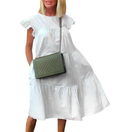 

AMILIEe Mid-length Dress for Women Ruffle Sleeve Round Neck Loose One-piece