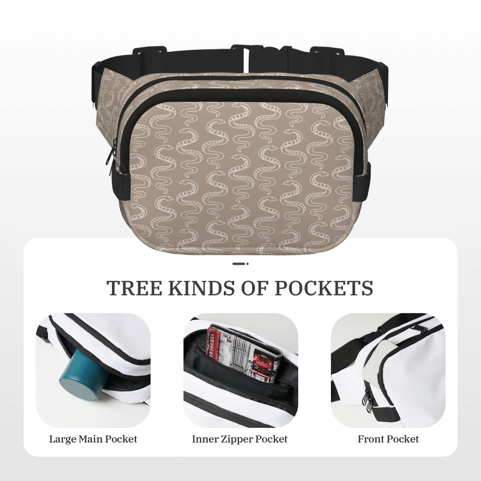 Picia Hand Drawn Snake Print Square Double-Layer Waist Bag Mini Adjustable Waist Belt Bag Exercise Running Travel Hiking
