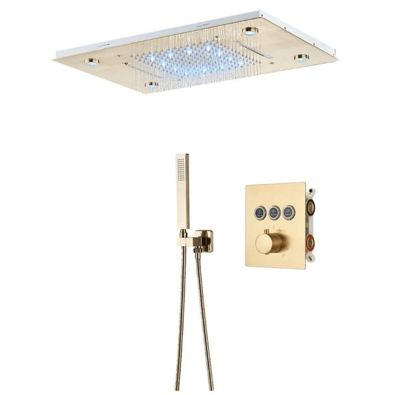 Luxury Gold Thermostatic LED Shower Set with Rainfall & Waterfall Ceiling Mount