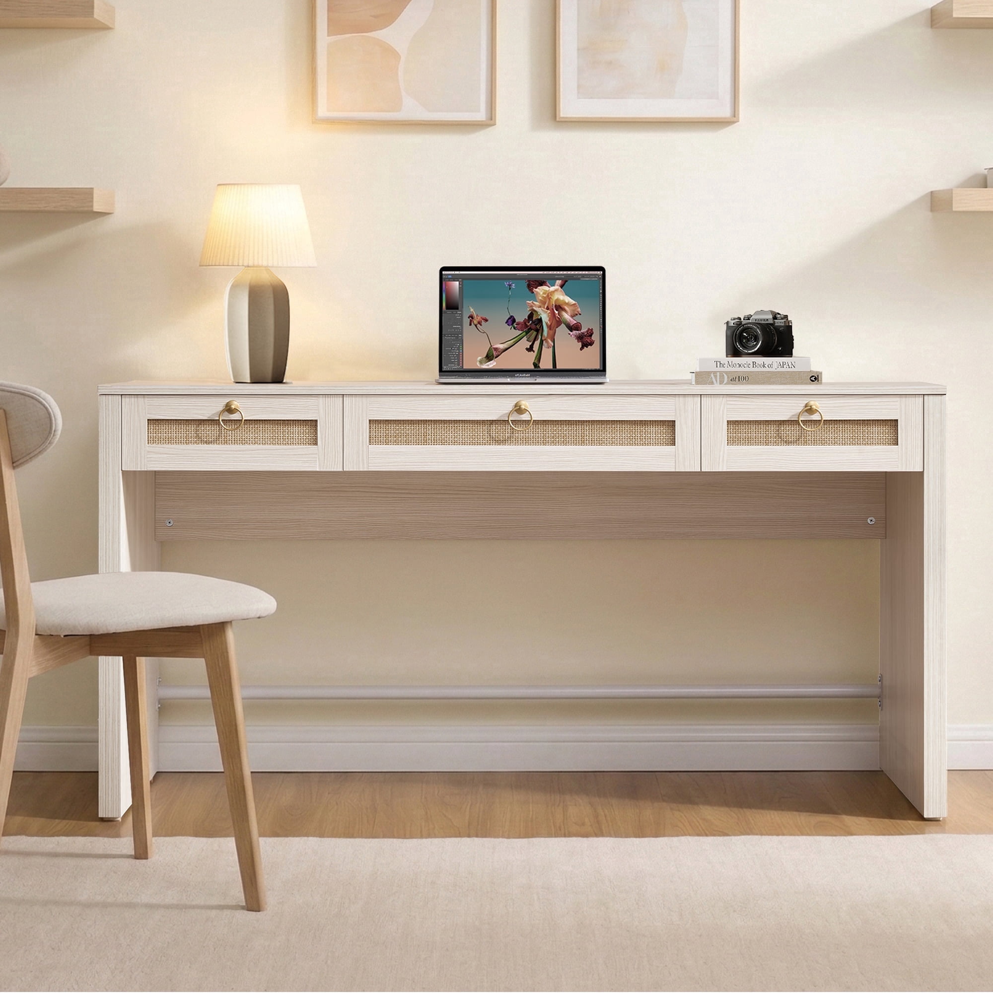 SICOTAS 59.05" W Home Office Computer Desk with Ample Storage，Boho Writing Desk with 3 Spacious Drawers & Unique Rattan Decor, Farmhouse Coastal Classic Style, Cream White