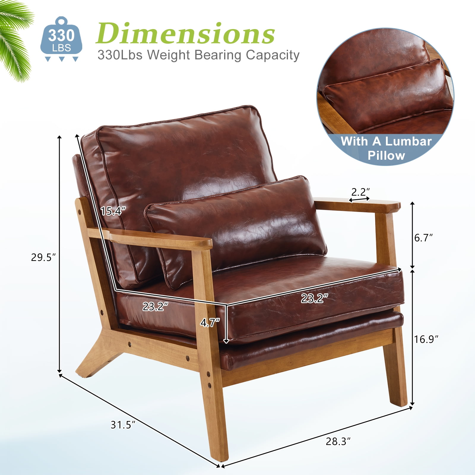 Ktaxon Accent Chair PU Upholstered Armchair, Reading Club Chair with Pillow for Living Room Bedroom Furniture Brown