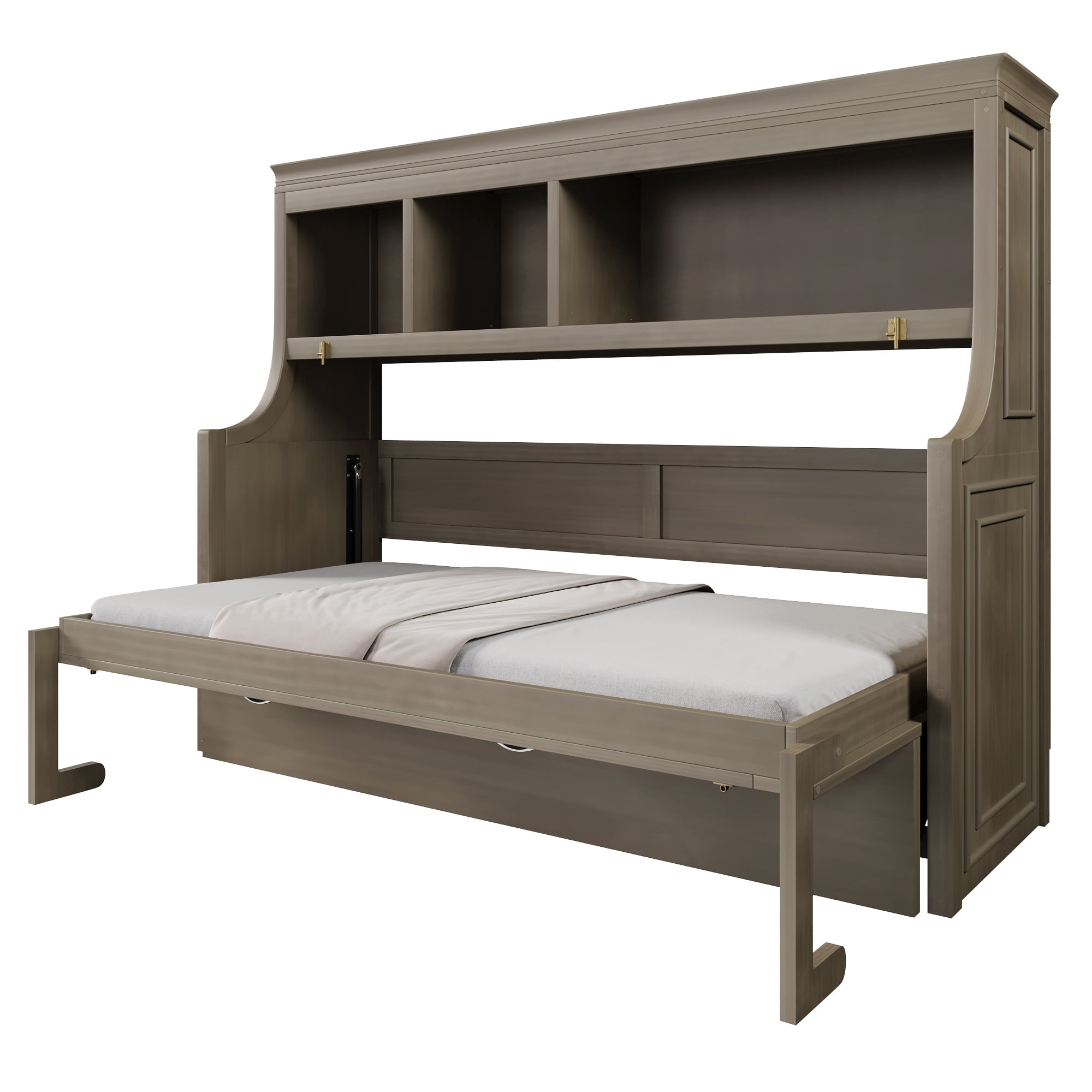 Euroco Twin Size Murphy Bed with Desk and Shelves, Convertible Wall Bed with Cabinets, Grey Wash