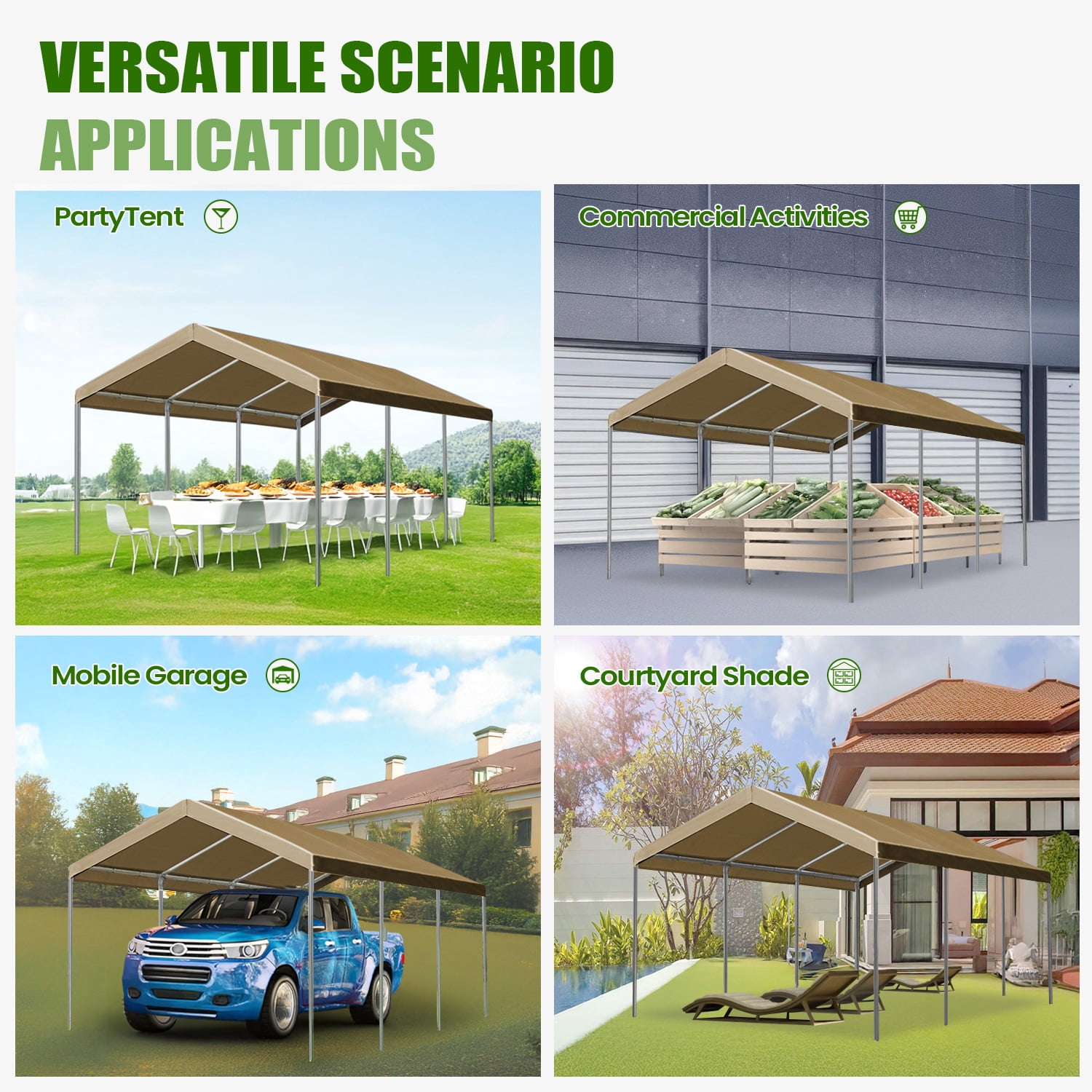 ECOLINEAR Carport 10x20 ft Heavy Duty Carport, Outdoor Potable Garage with 4 Adjustable Height 8.7 ft to 10.2 ft, Carport Canopy Anti UV All-Season Waterproof Tarp, Car Canopy for Trucks, Boats,Yello