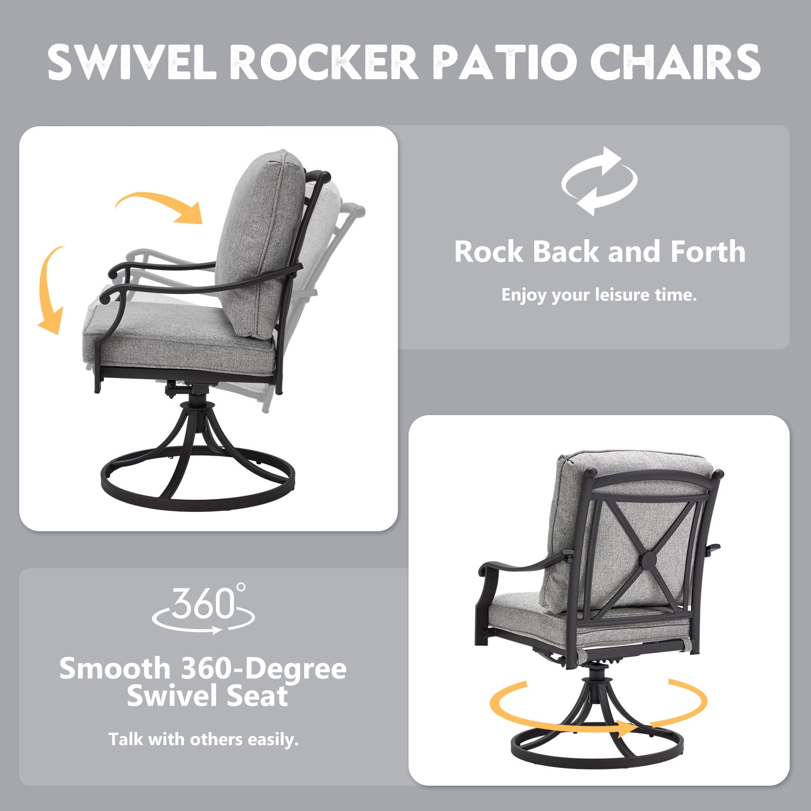 MELLCOM Patio Swivel Chair Set of 2, Heavy Duty Outdoor Dining Chairs with Thickened Cushions, Metal Patio Chairs Gentle Rocker for Outside, Garden Lawn & Porch, Backyard, Grey