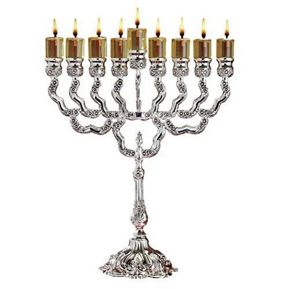 Ner Mitzvah, 11.5" High, Silver Plated Hannukah Oil Cups And Large Candles Menorah - Olive Branches Style
