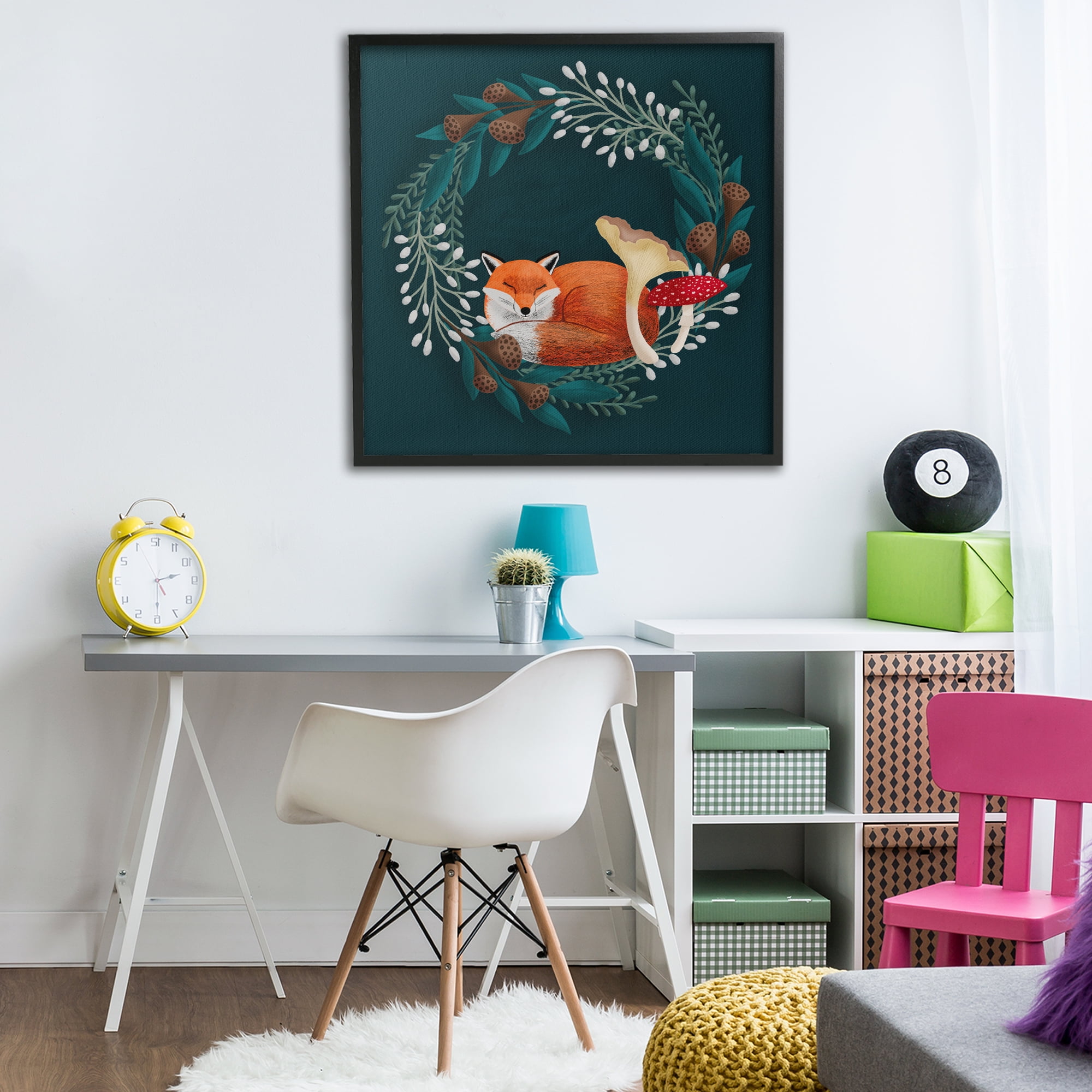 Sleepy Fox in Botanical Wreath Black Framed Giclee Art, design by Metka Hiti