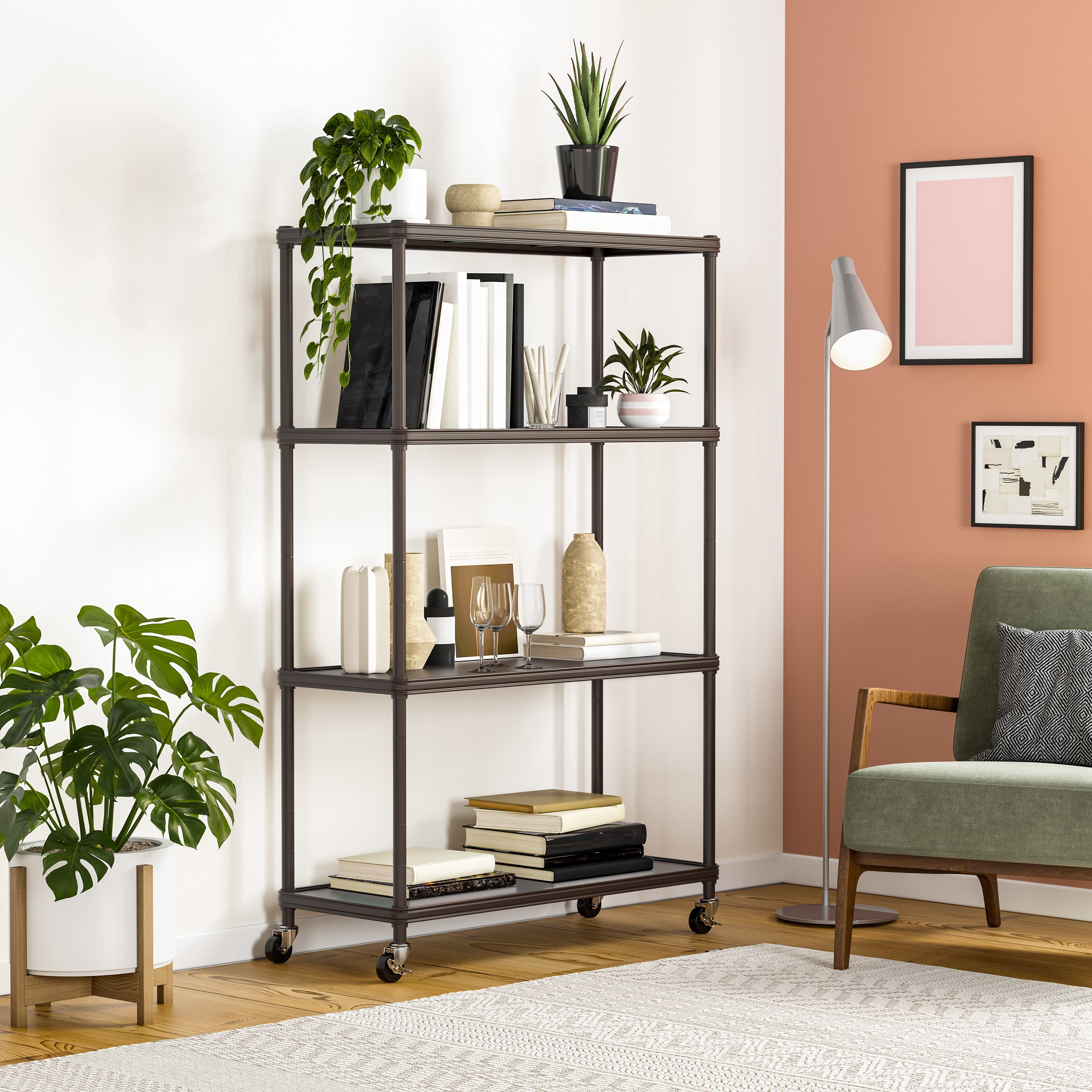 Seville Classics HOME 4-Tier Steel Wire Shelving with Wheels, 36" W x 14" D x 56.5" H, Rich Brown