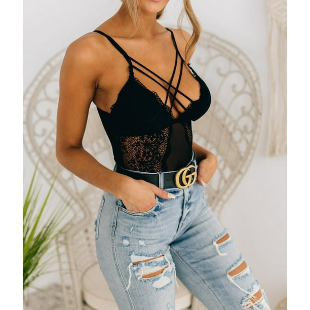 Sexy Plunge Criss Cross Front Mesh Lace Bodysuit – SOUISEE