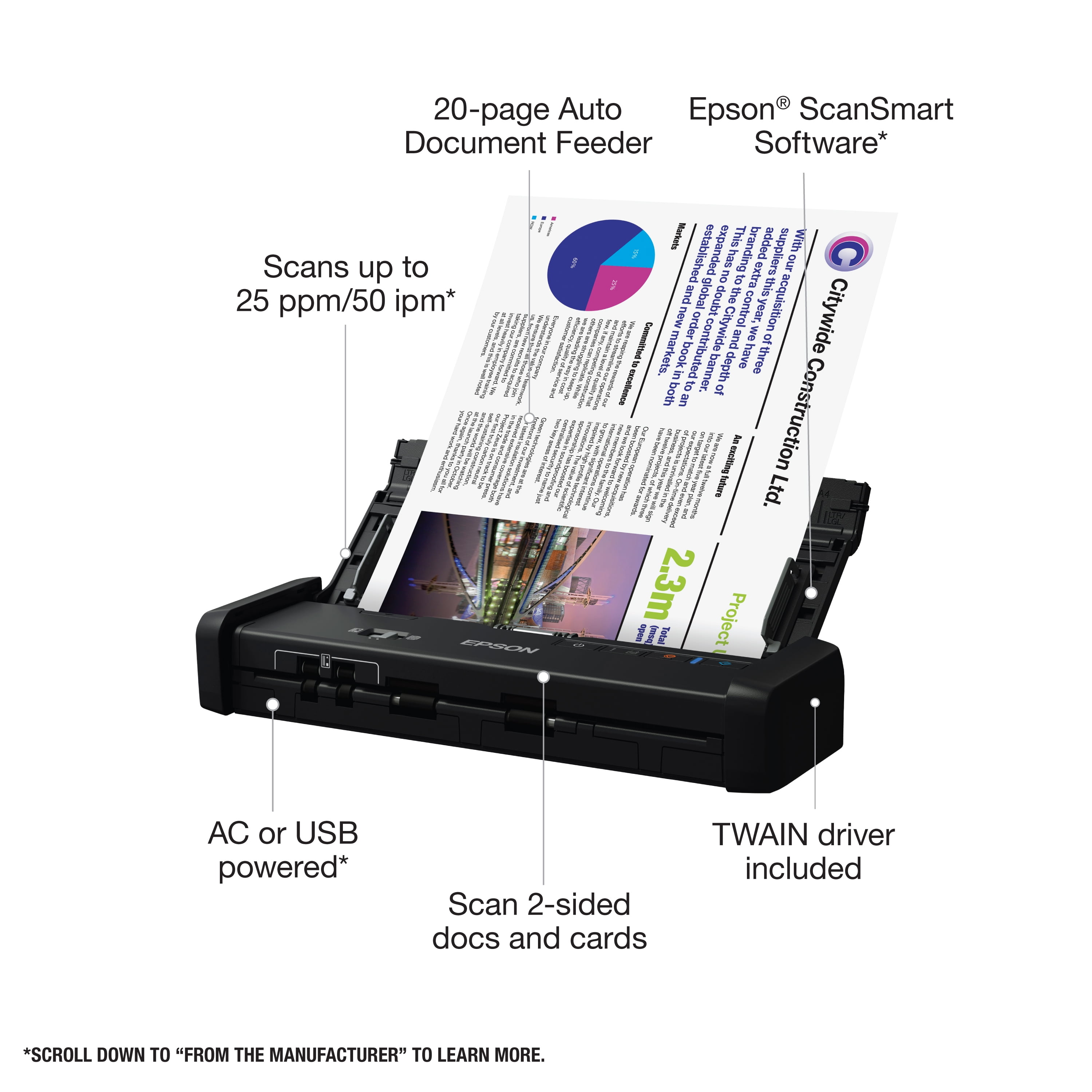 Renewed Sheet-fed and Duplex Scanning Epson Workforce ES-200 Color Portable Document Scanner with ADF for PC and Mac 