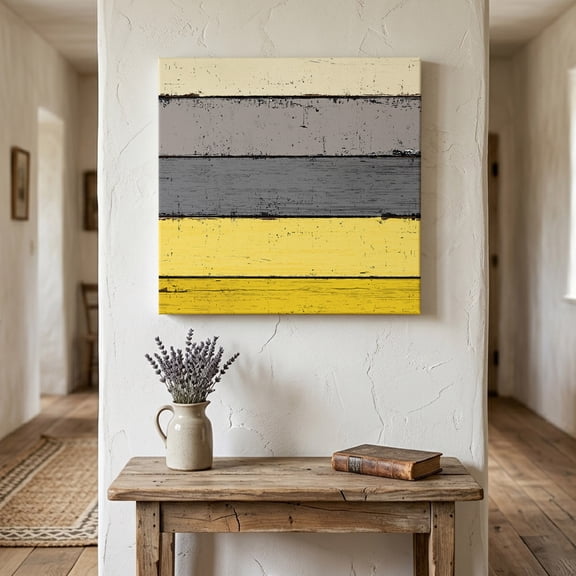 Ships Next Day Canvas Wall Art 16"x16", Yellow Grey Wood Framed Canvas Print Painting, Vintage Stripe Farmhouse Wood Grain Ombre Ready to Hang Picture Wall Decor for Home Bedroom Kitchen Office