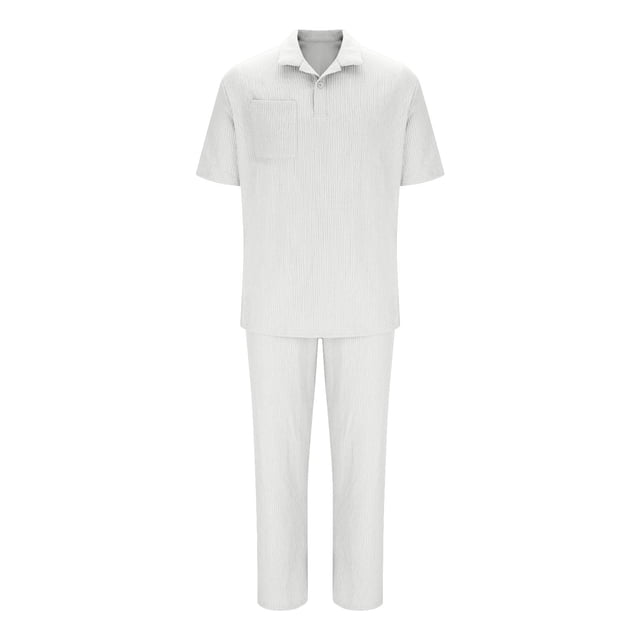 Blusa de Manga Corta Casual Sólido Turndown Cuello Superior Y Pantalones Traje Conjunto, Traje de Moda de Poliéster para Hombres, Lavado de Manos Primavera Verano