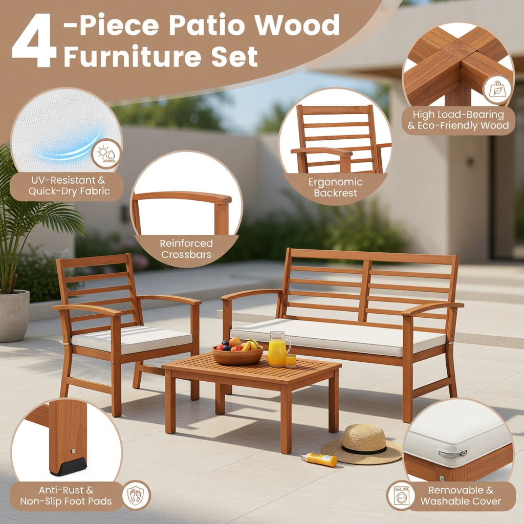 Hommoo 4-Piece Outdoor Patio Furniture Set, Acacia Wood Loveseat, 2 Chairs & Coffee Table, Durable, Weather-Resistant Backyard Seating, White