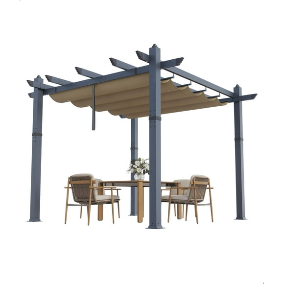 Retractable Waterproof Canopy Aluminum Pergola – Wood Grain Metal Frame, UV Protection, Outdoor Shade for Patio, Garden, Backyard, Deck – 10x10FT, Gray Column Khaki Curtain