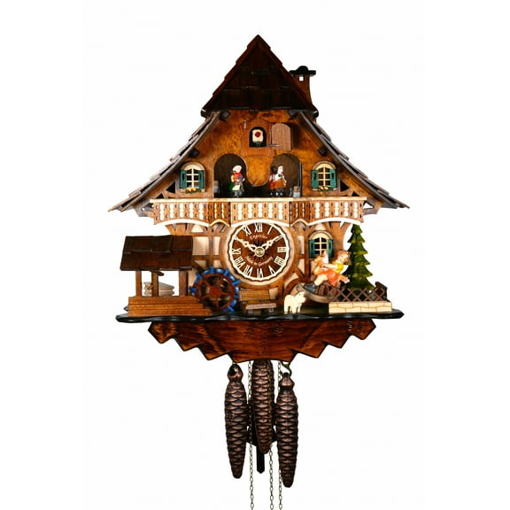 Cuckoo Clock Black forest house with music, moving seesaw and mill wheel