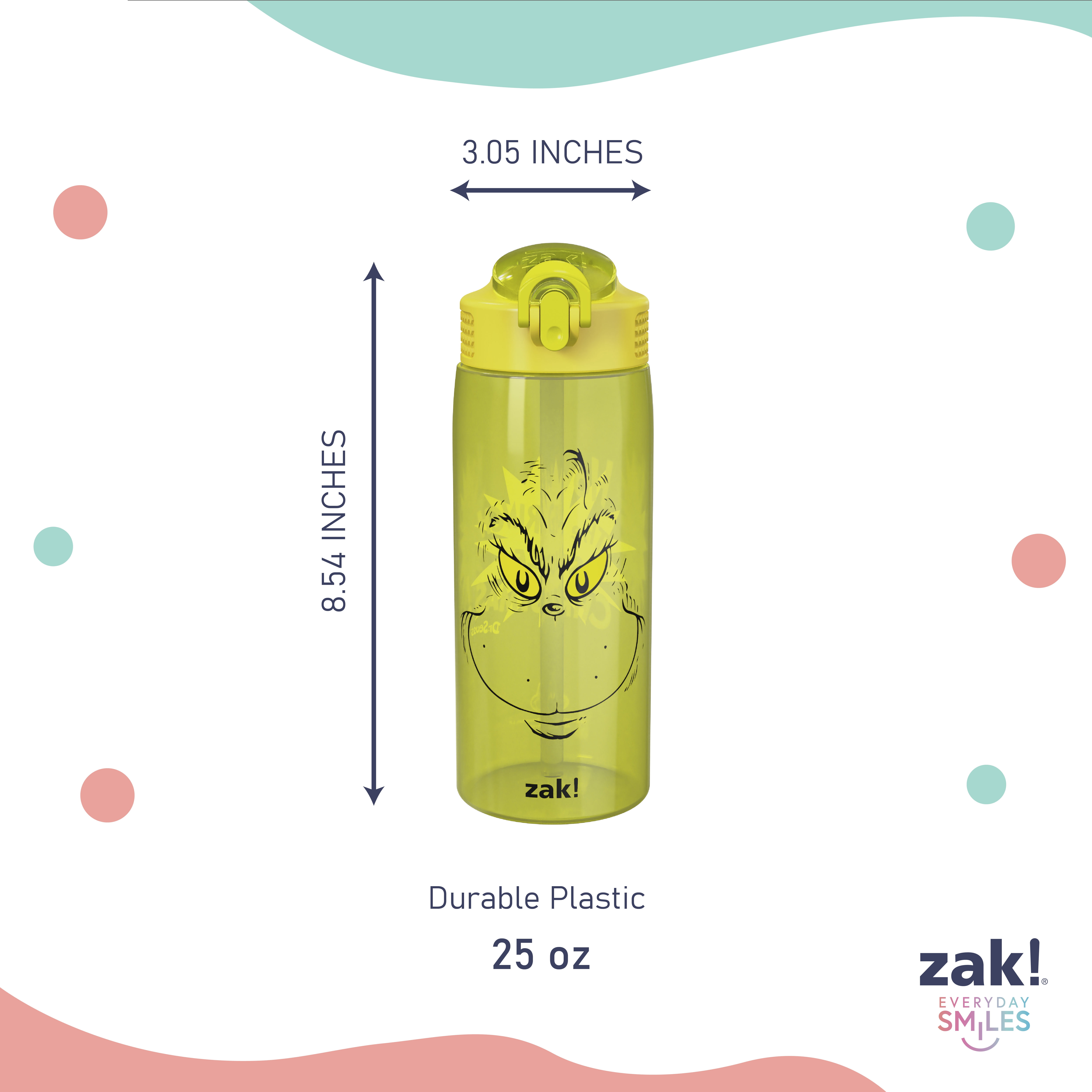 Zak Designs Durable Plastic 25oz Grinch Kids Water Bottle with Straw and Handle