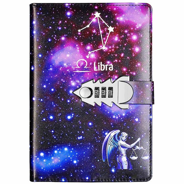 Diario con cerradura A5, diario de viaje de constelaciones, cuaderno de cuero sintético con contraseña, Libra