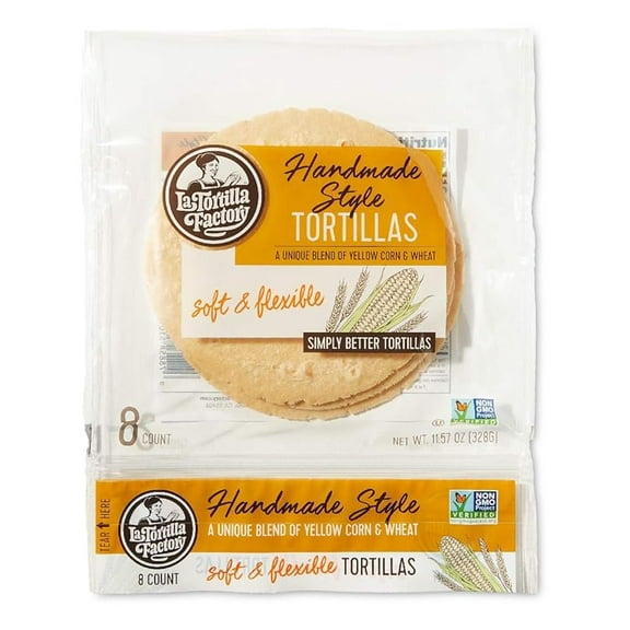 La Tortilla Factory Handmade Style Yellow Corn & Wheat Tortillas, Non-GMO, 14 Grams of Whole Grains, 8-Count, 11.57 Ounce( Pack of 2 )