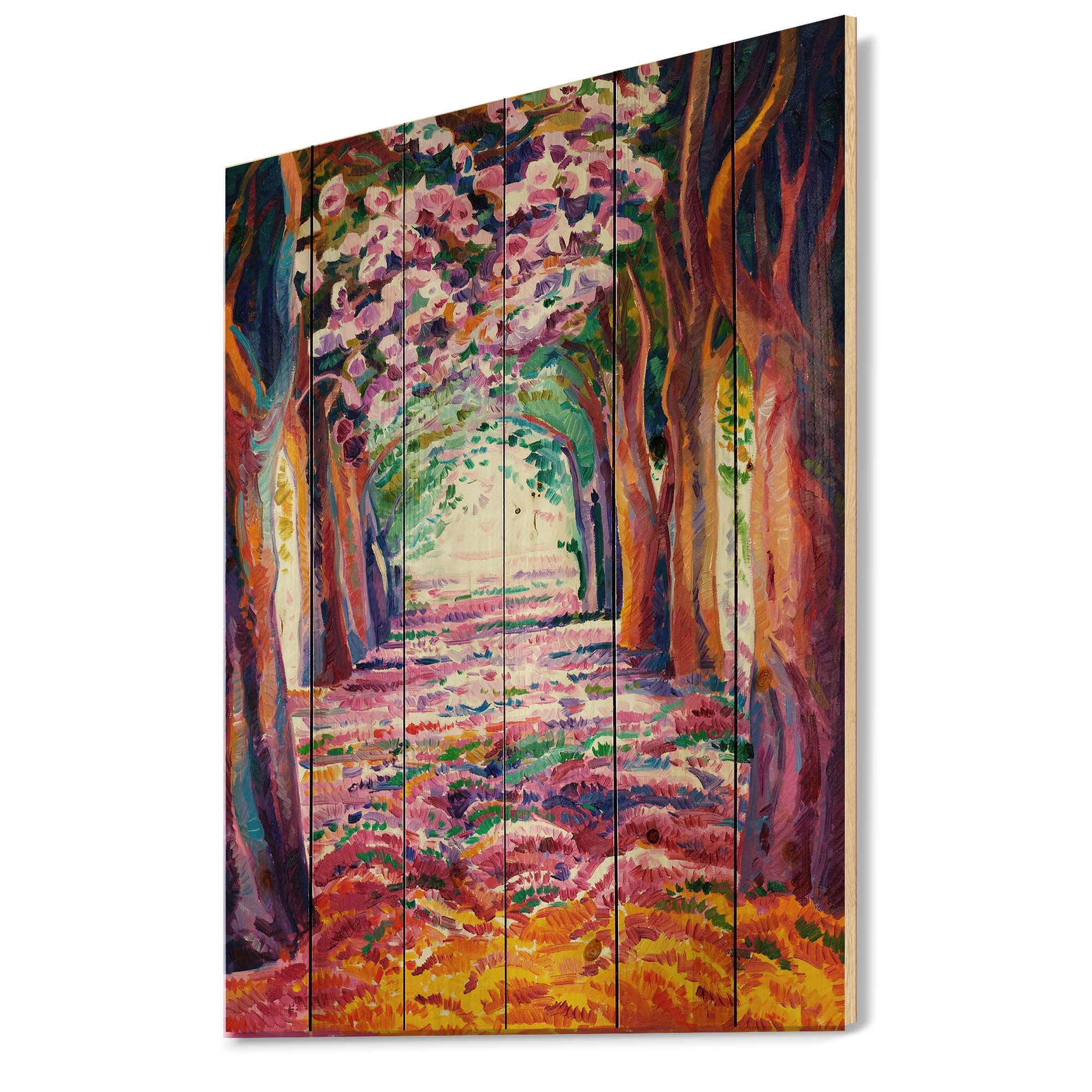 Designart 'Pink Flowering Colorful Spring Forest' Lake House Print on Natural Pine Wood