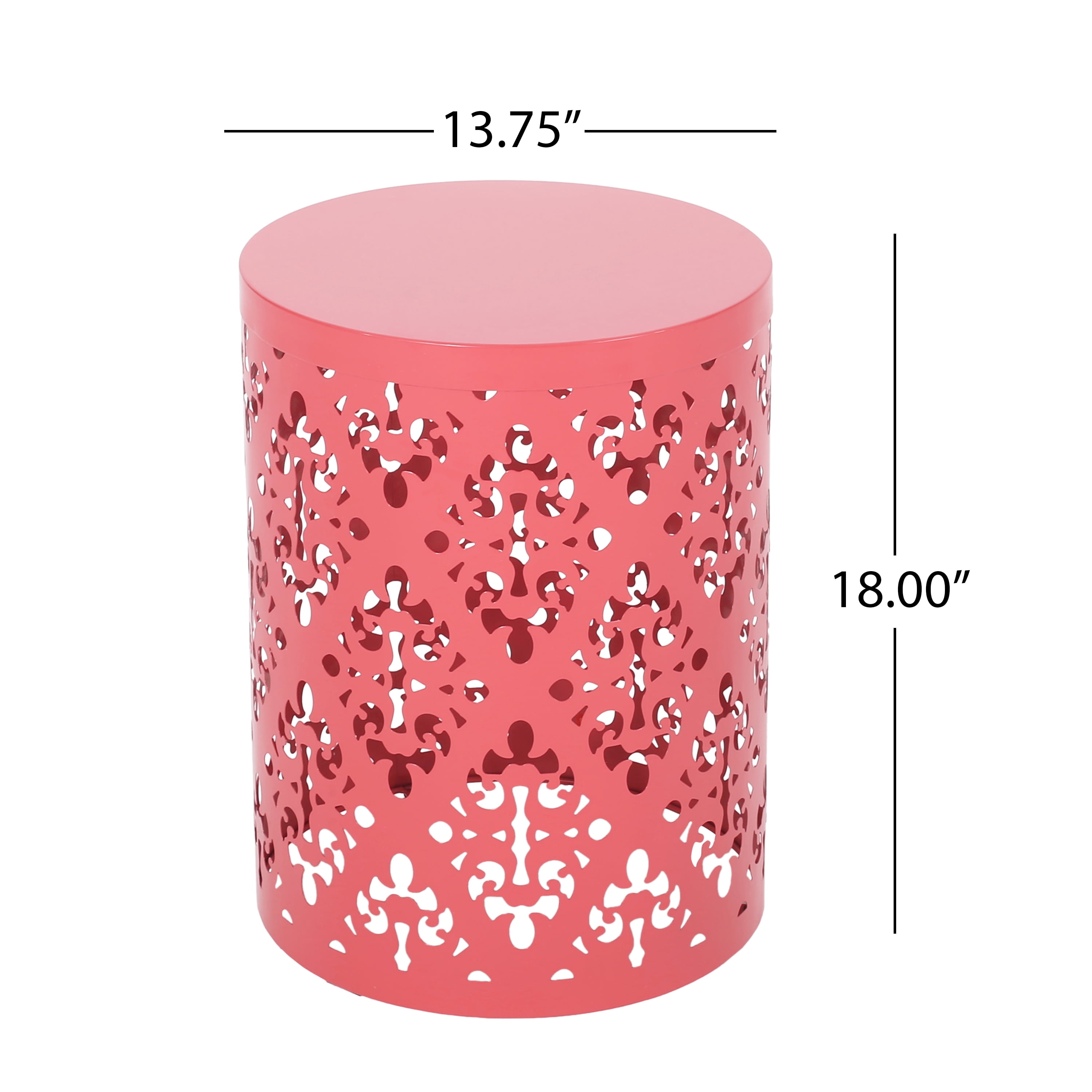 Outdoor Large Cylindrical Side Table, Floral Pattern Hollow Out Iron Tabletop for Patio Garden, Dark Coral