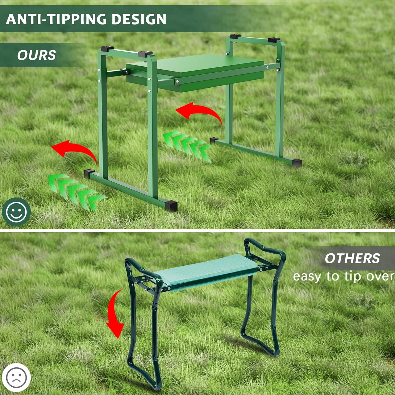 Garden KneelersSeat, Stable and Save Anti-Tipping Design 10.2" Wider Garden Kneeler and Seat with Handle, Heavy Duty Gardening Stool for Seniors, Gardening Weeding Bench for Gardeners Parents - Green