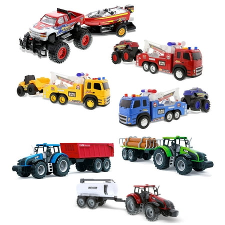 Mozlly Friction Powered Truck Toy Set – Includes 1 Monster Pick Up with Speed Boat, 3 Emergency Tow Trucks with Racing Trucks and 3 Farm Vehicles with Water Tank, Log Hauler, Tractor – Styles Vary