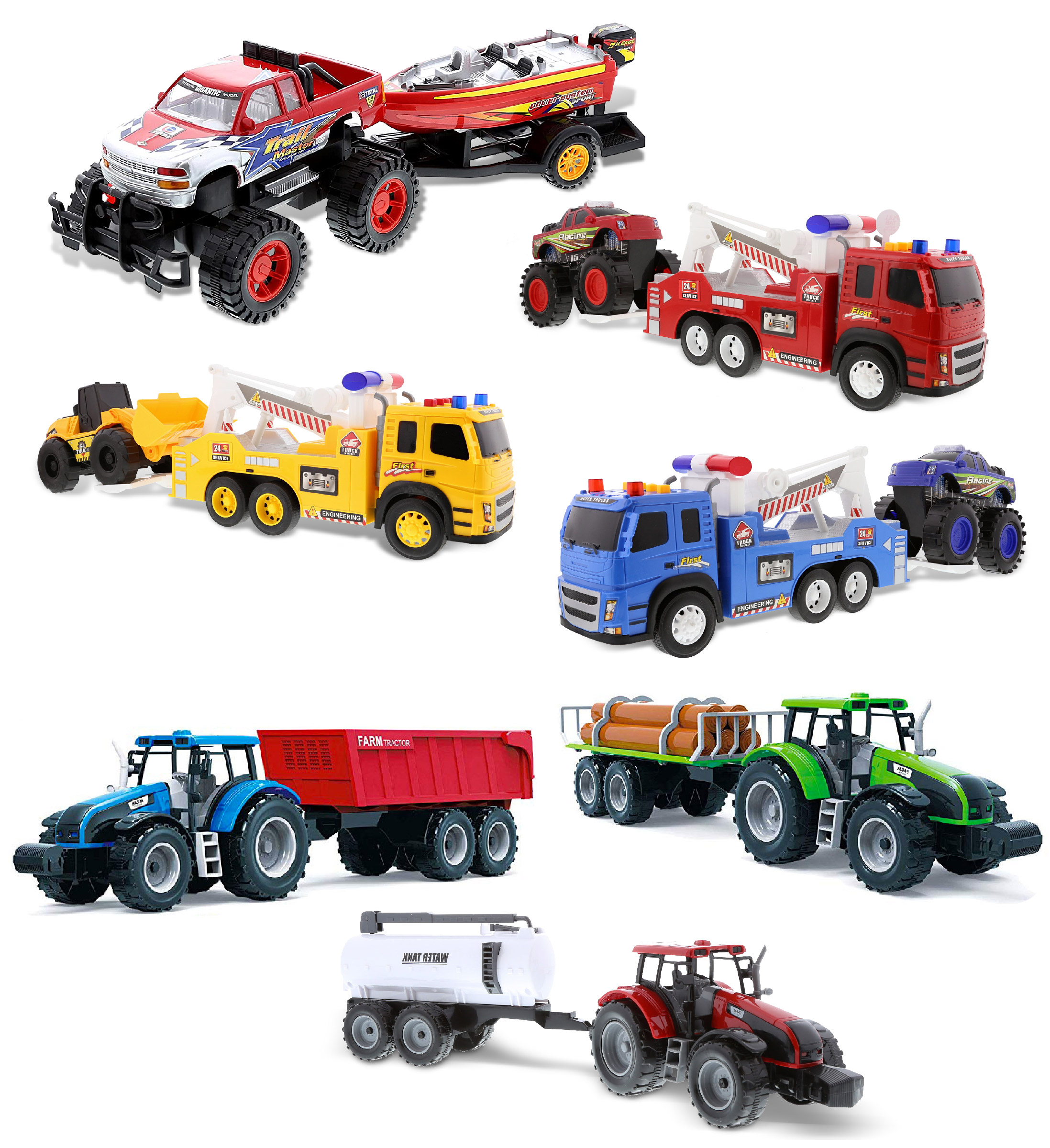 Mozlly Friction Powered Truck Toy Set – Includes 1 Monster Pick Up with Speed Boat, 3 Emergency Tow Trucks with Racing Trucks and 3 Farm Vehicles with Water Tank, Log Hauler, Tractor – Styles Vary - image 1 of 7