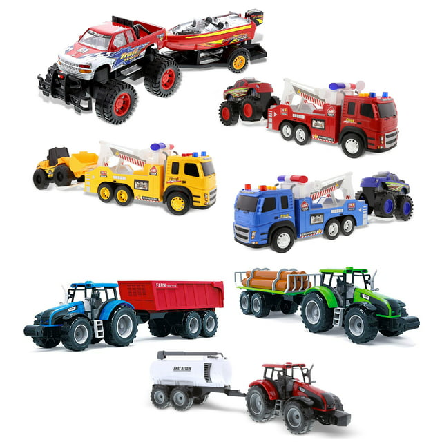 Mozlly Friction Powered Truck Toy Set – Includes 1 Monster Pick Up with Speed Boat, 3 Emergency Tow Trucks with Racing Trucks and 3 Farm Vehicles with Water Tank, Log Hauler, Tractor – Styles Vary