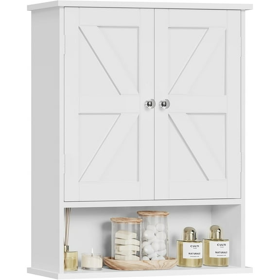 Bathroom Wall Cabinet, Over The Toilet Space Saver Storage Cabinet with Barn Doors & Adjustable Shelf, Hanging Medicine Cabinet, White 7.1" D x 15.4" W x 19.3" H