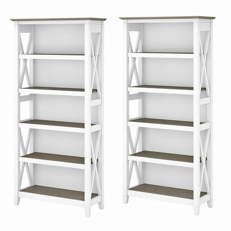 Bush Furniture Key West Tall 5 Shelf Bookcase Set of 2 Pure White & Shiplap Gray