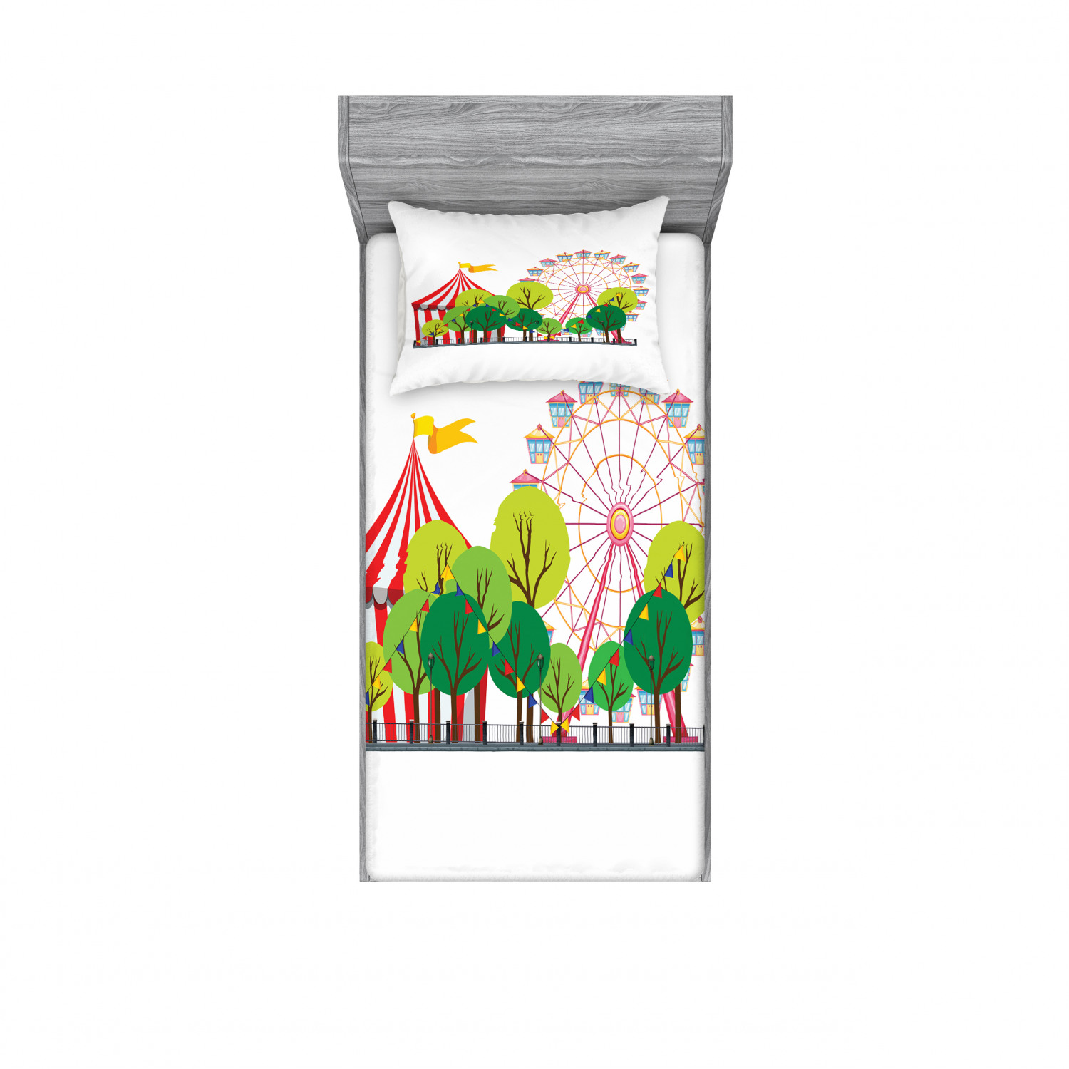 Circus Bedding Set with Sheet & Covers, Circus Carnival Scene with