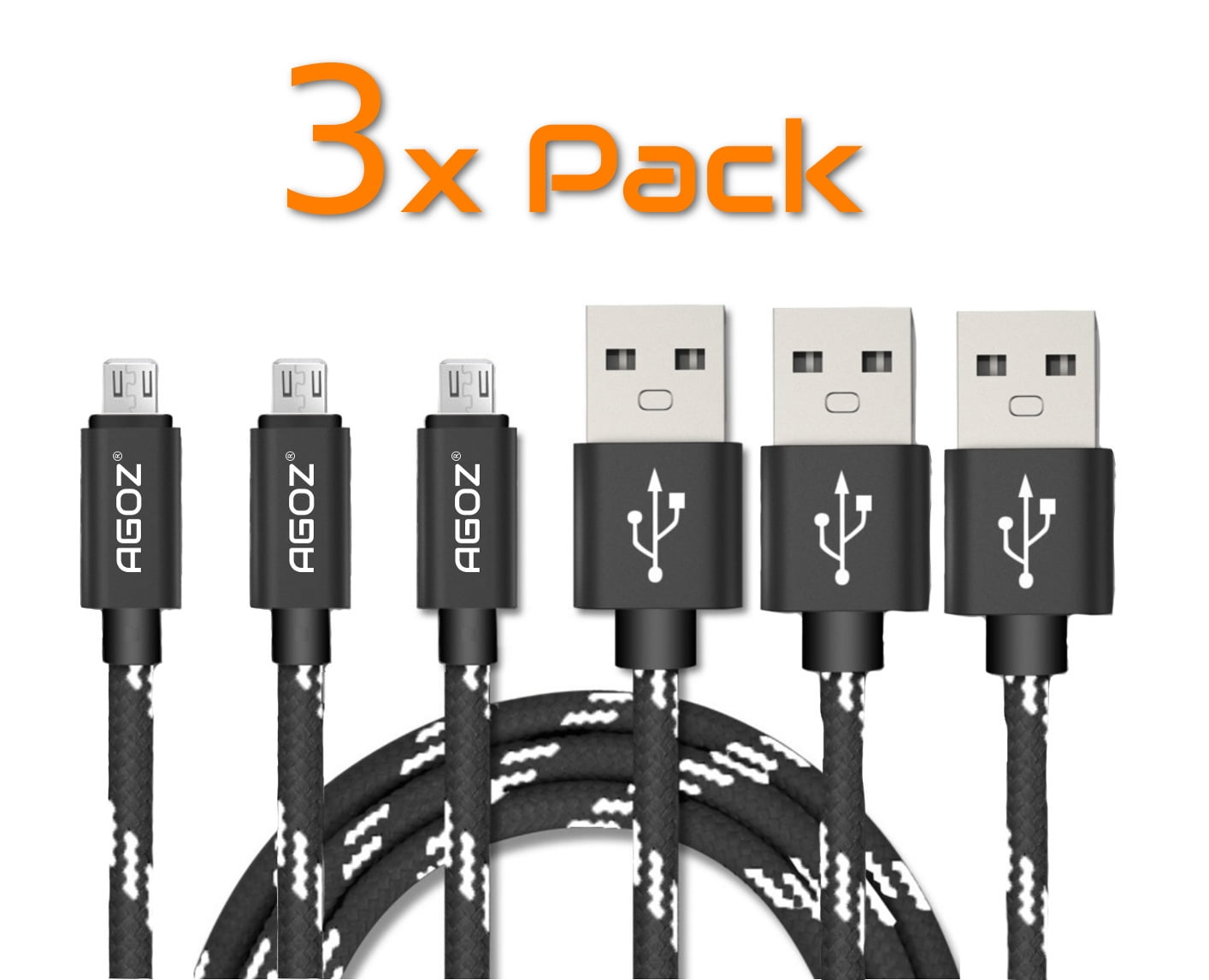 3 Pack 6ft Durable Heavy Duty AGOZ Braided Micro USB Fast Charging Charger Data Sync Cable Cord for LG Zone 4 LM-X210VPP Stylo 2 PLUS MS550, Stylus 2 LTE K520 Stylo 2 L81AL L82VL LS775