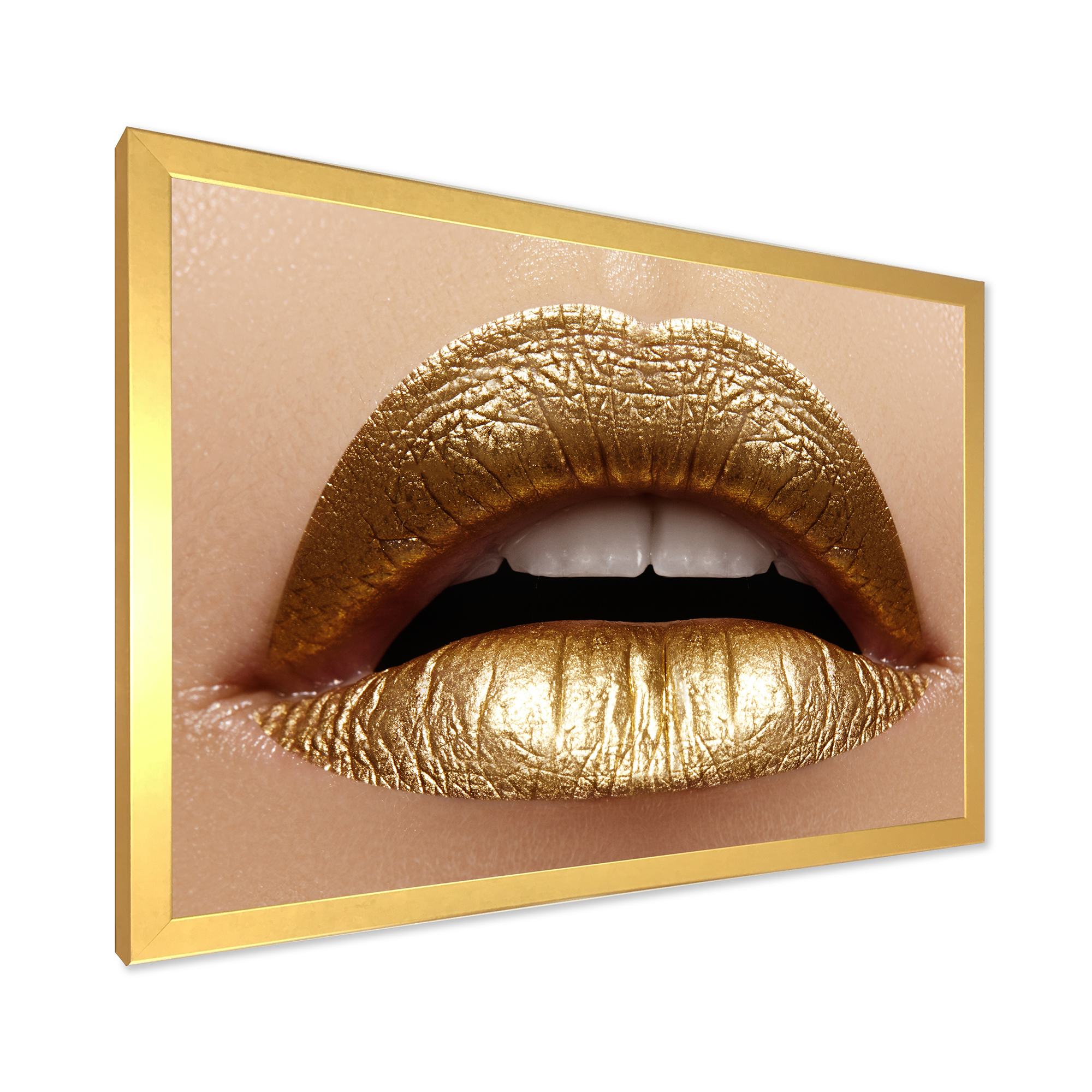 Designart 'Close Up of Woman Plump Lips With Golden Lipstick' Modern Framed Art Print