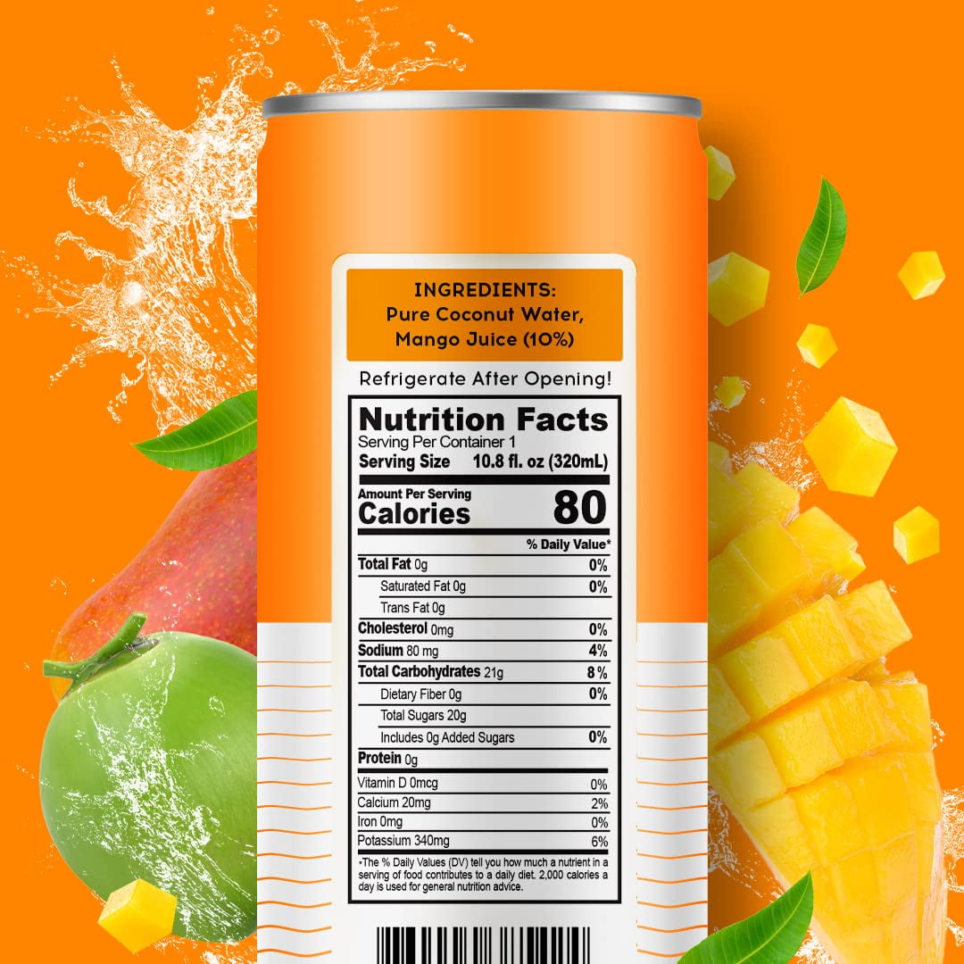 100 Coconuts Pure Coconut Water + Mango, Hydration, 11 fl oz Cans, 12 Pack, Liquids