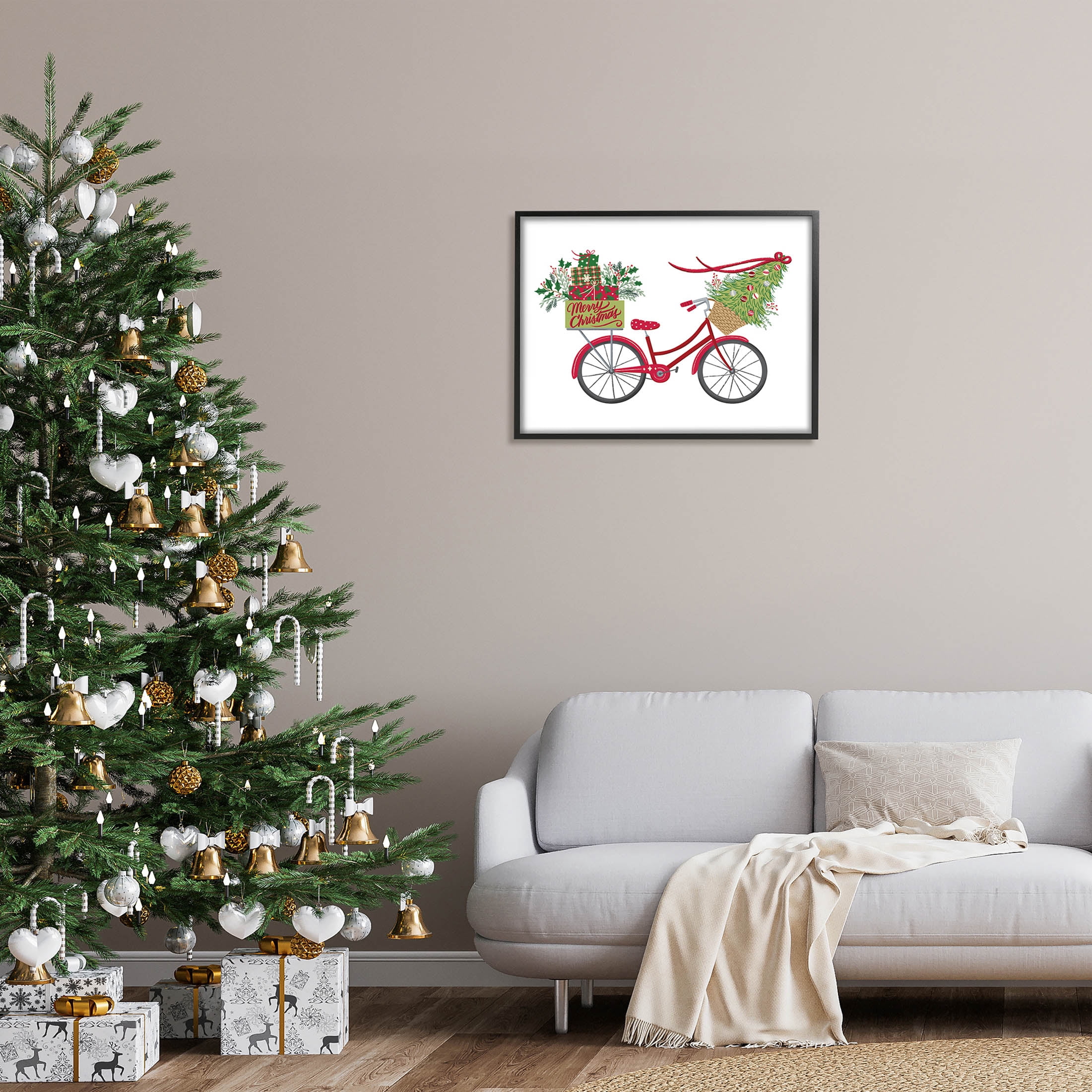 Stupell Industries Merry Christmas Seasonal Bicycle Graphic Art Black Framed Art Print Wall Art, Design by Amanda McGee
