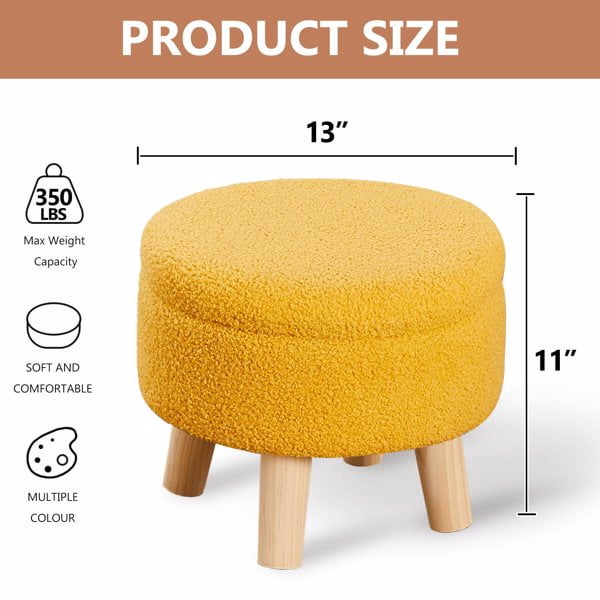 Storage Ottoman, Modern Round Footrest with Soft Padded Seat, Teddy Velvet Footstool with Wood Legs, Accent Small Table or Plant Stand for Living Room (Brilliant Yellow)